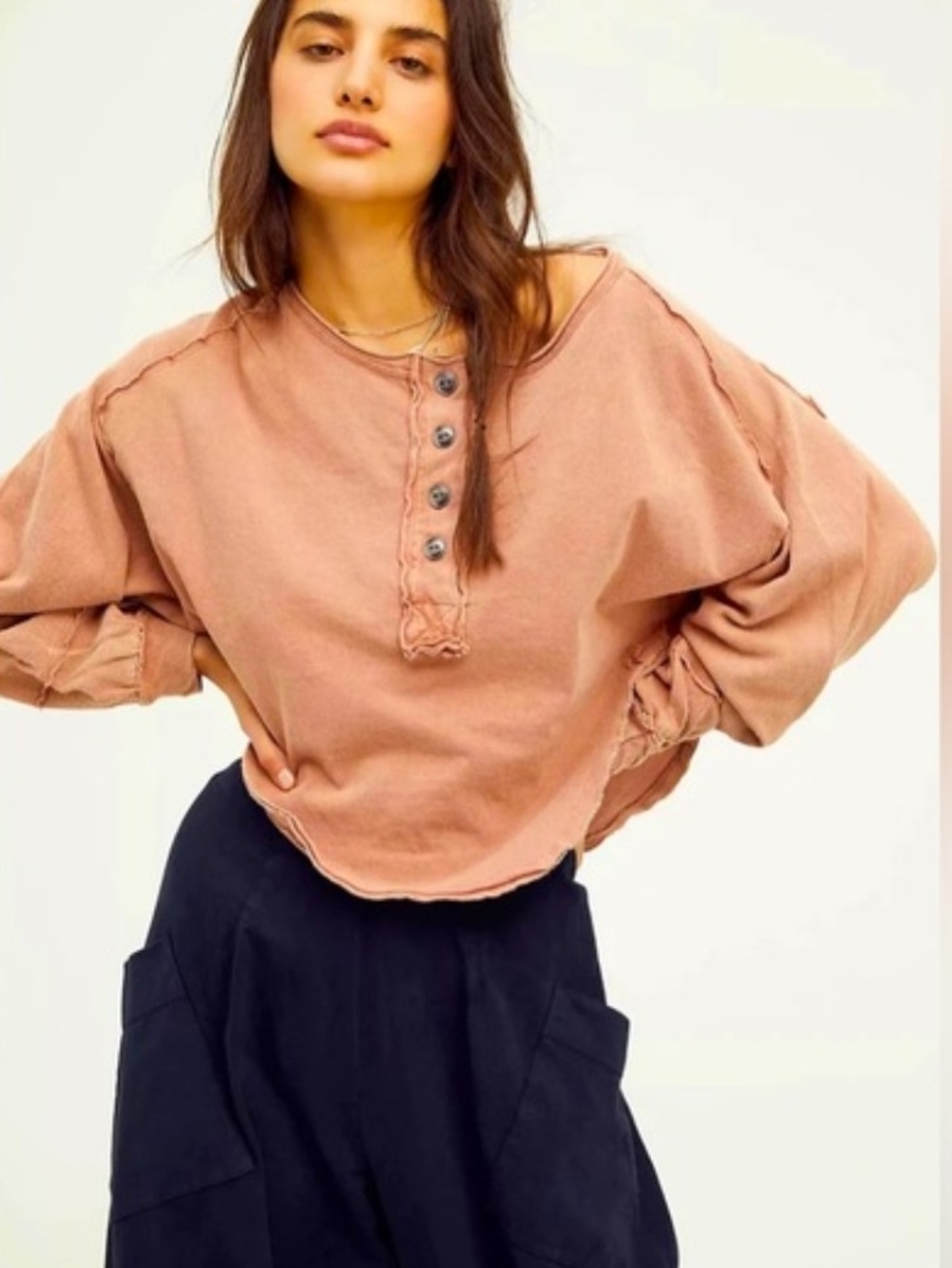 Free People We The Free Do MELODI Henley Round Hem Button Long Sleeve Crop Smal
